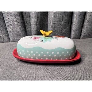 Pioneer Woman Floral Butterfly Butter Dish Red Ceramic 6 Inch